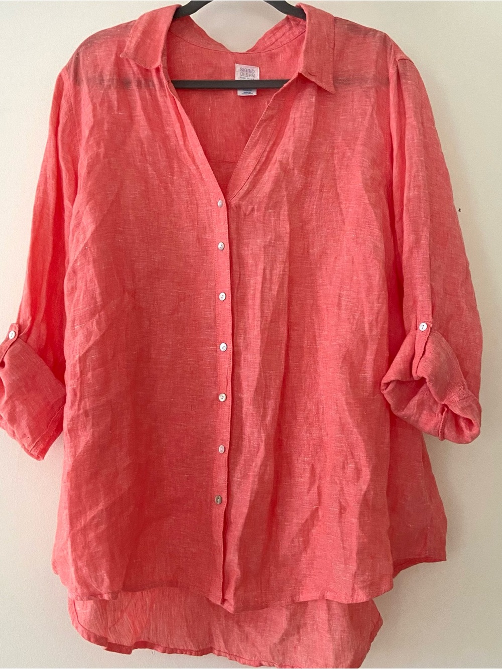 SIGRID OLSEN Coral Linen Shirt Women's 3x Button Roll Tab Long Sleeve Resortwear